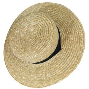ADORABLE WIDE BRIM, BLACK RIBBON, TAN STRAW HAT! A SUNNY DELIGHT! SZ M